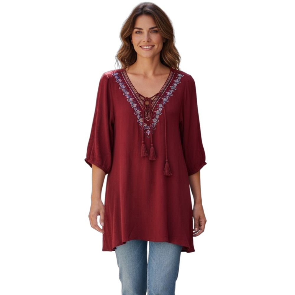 Umgee red tunic size Small Embroidered V Neck Ties Elbow Sleeve Boho